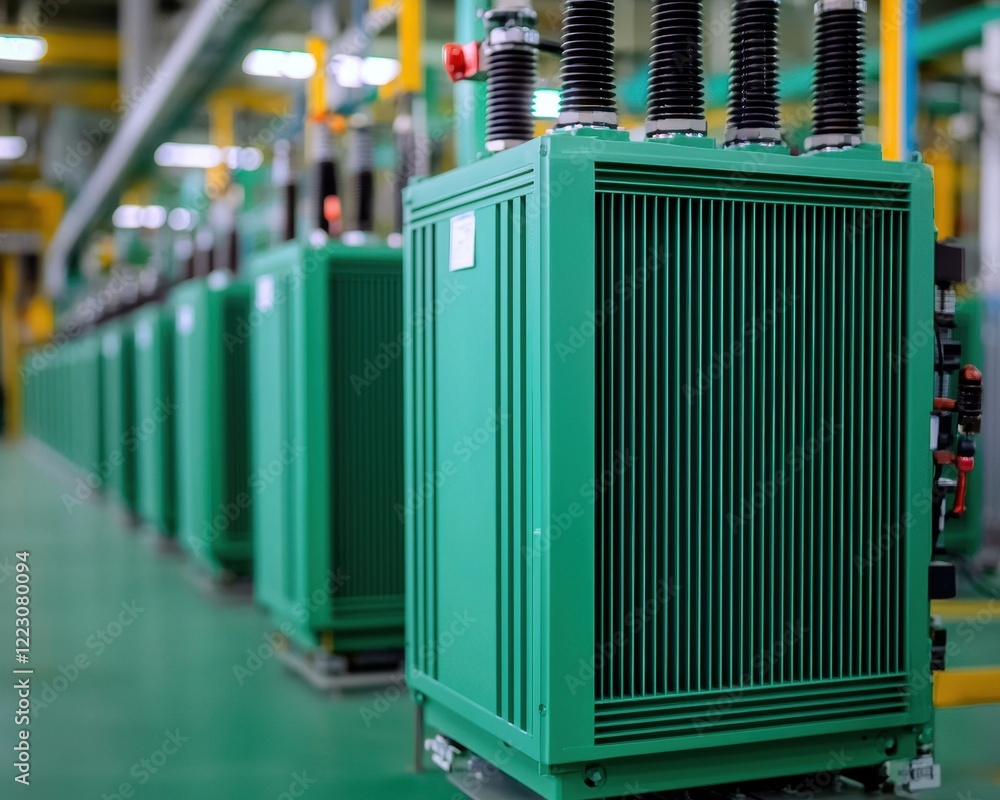 Poster the image features a row of green industrial equipment, likely transformers or generators, in a fact
