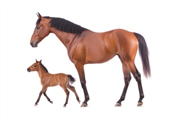 A mare and her foal walking together on a white background, showcasing their bond and grace