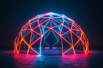 Vibrant Geometric Dome Structure with Neon Lights in Dark Environment
