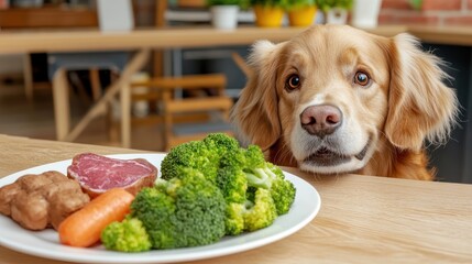 Pet Health and Nutrition Veterinary guide Discover a vet explaining a balanced diet plan to a pet owner, showcasing a chart with protein, fiber, and essential vitamin requirements for a healthy dog