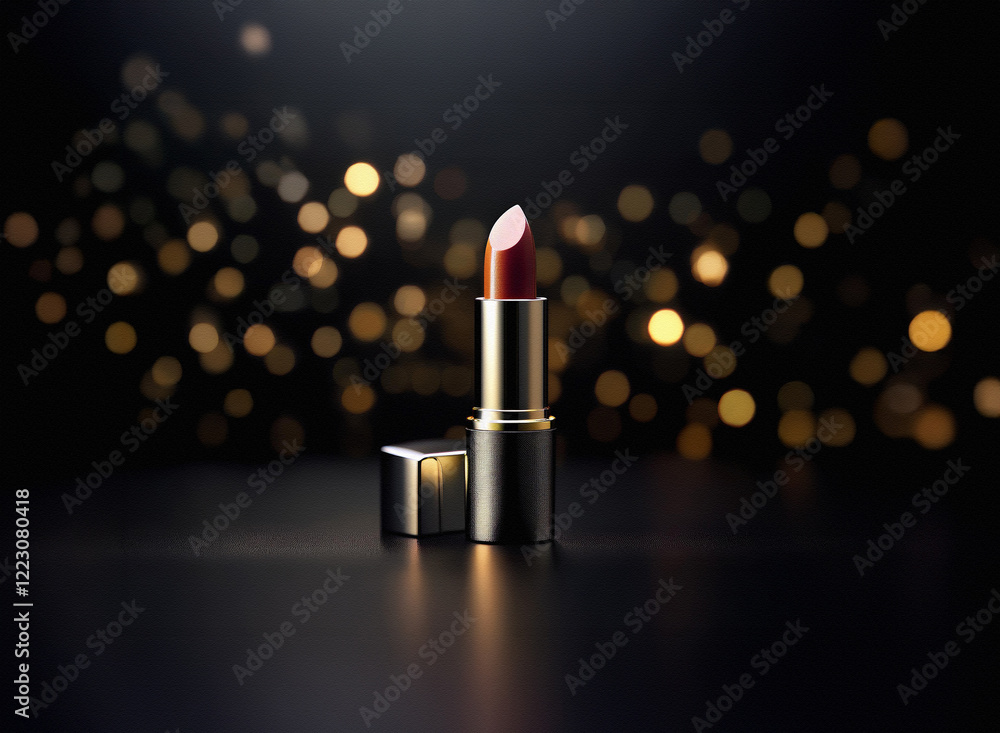 Poster a luxurious lipstick with a dark red hue rests on a reflective surface against a bokeh backdrop of g