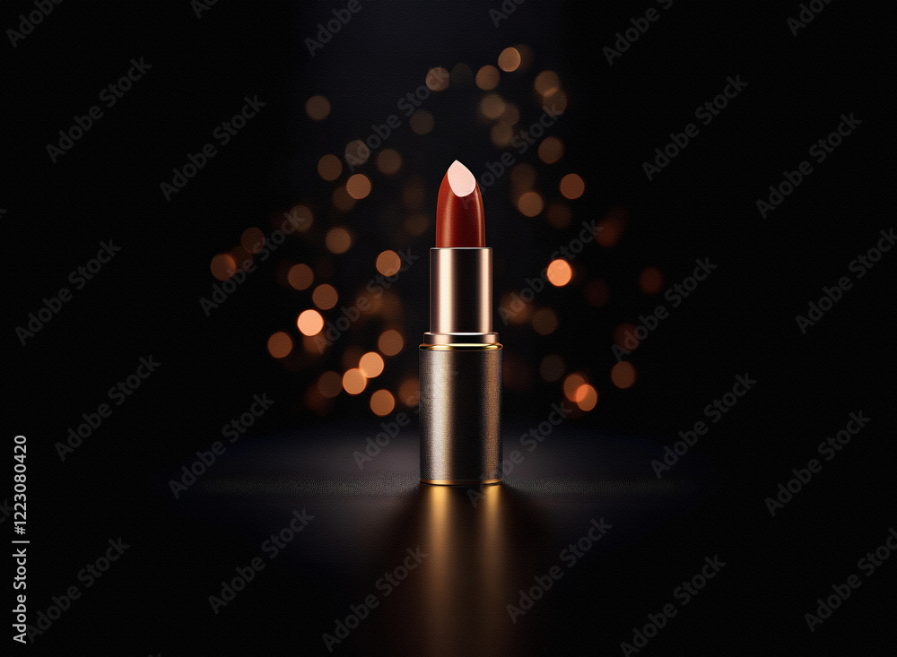 Poster a single tube of dark red lipstick stands upright against a blurred background of warm lights. its m