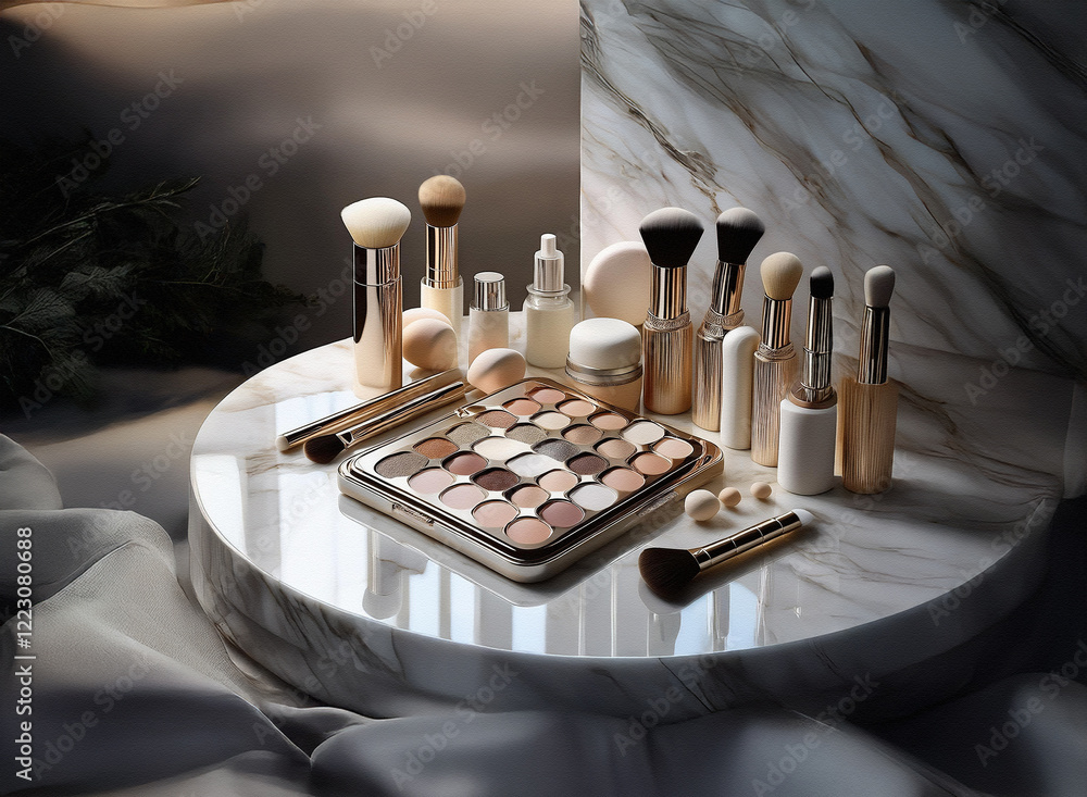 Aufkleber Elegant makeup brushes and eyeshadow palette arranged on a marble surface with soft lighting.  The neutral tones create a sophisticated, luxurious feel.