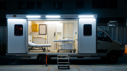 An emergency medical vehicle is stationed at night, illuminated from within, displaying medical beds and essential equipment, indicative of a healthcare operation setup outside