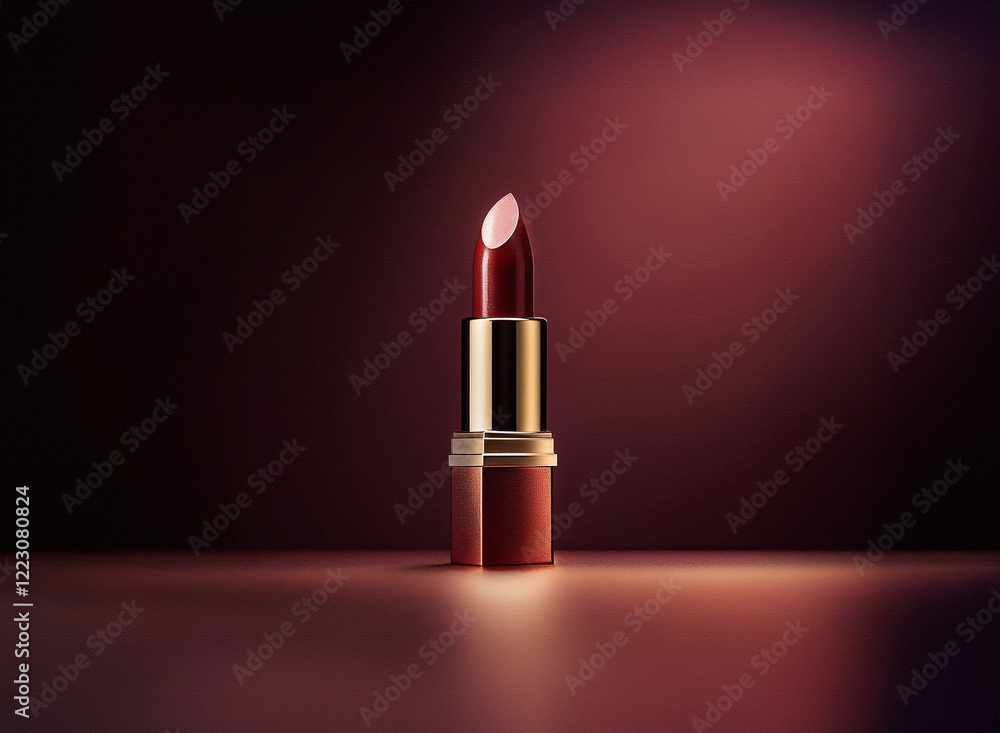 Poster a single tube of deep red lipstick stands elegantly on a dark, reflective surface, illuminated by a 
