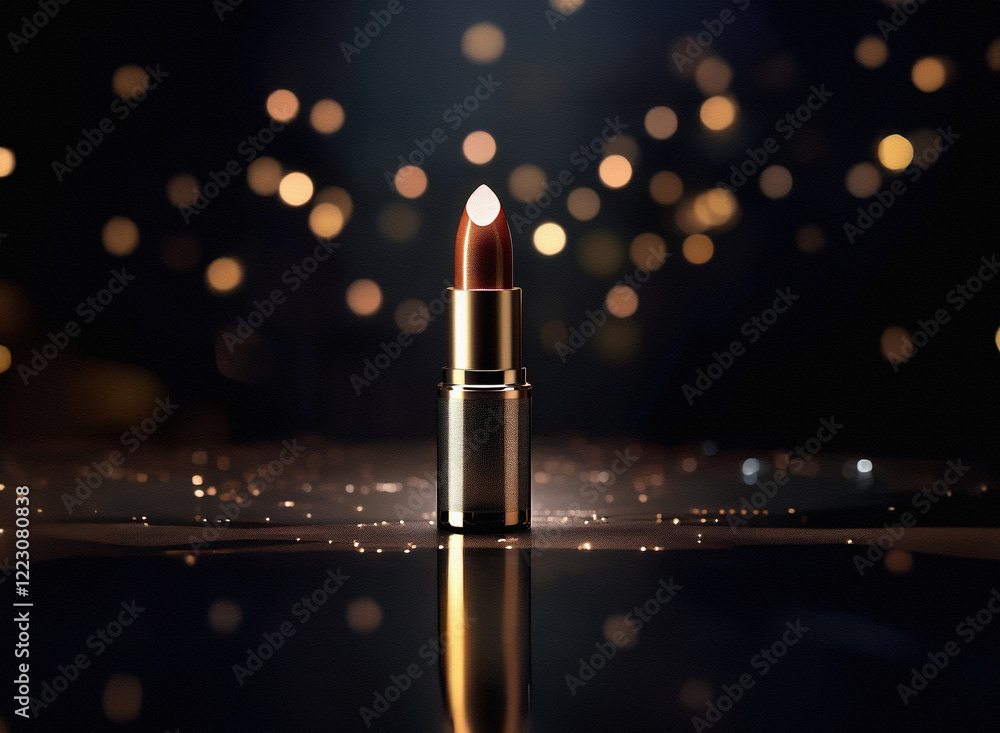 Poster a single tube of dark brown lipstick with a gold casing sits on a reflective surface, illuminated by