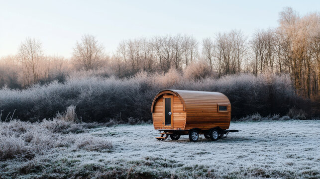 A rustic wooden caravan sits prominently in a frosty field, surrounded by leafless trees, with a light mist hovering in the early morning light during winter