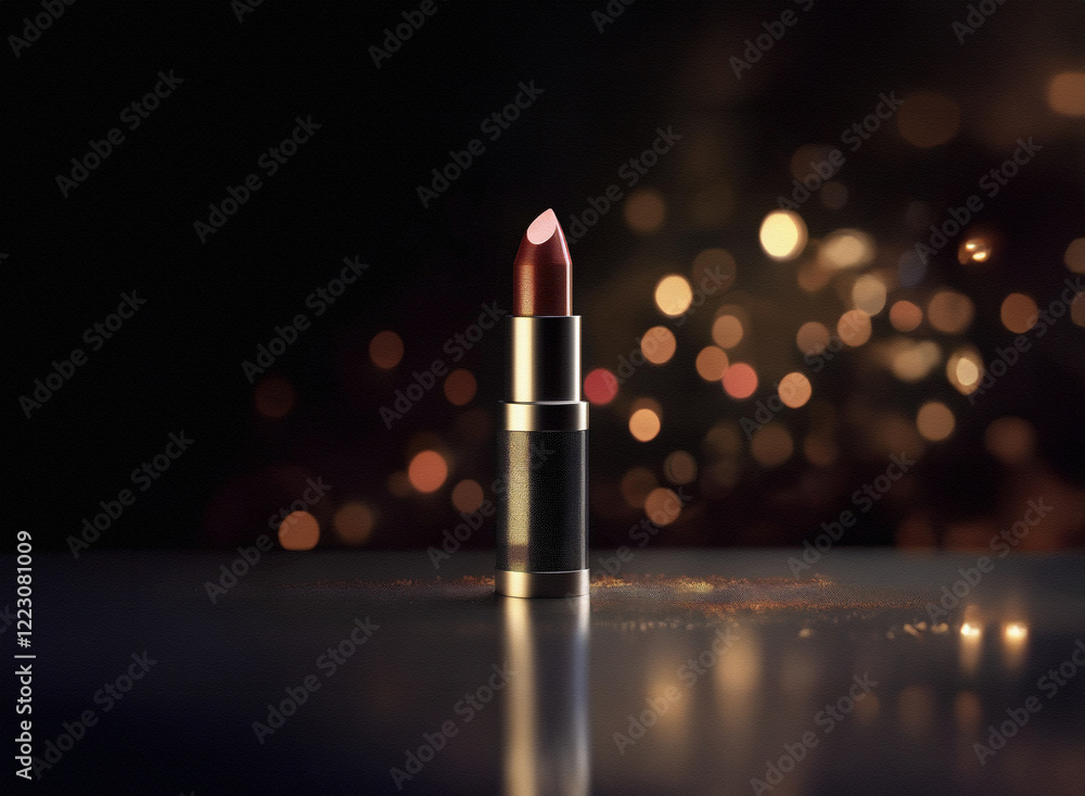 Poster dark, moody close-up of a lipstick tube with a rich, dark red shade, standing on a reflective surfac
