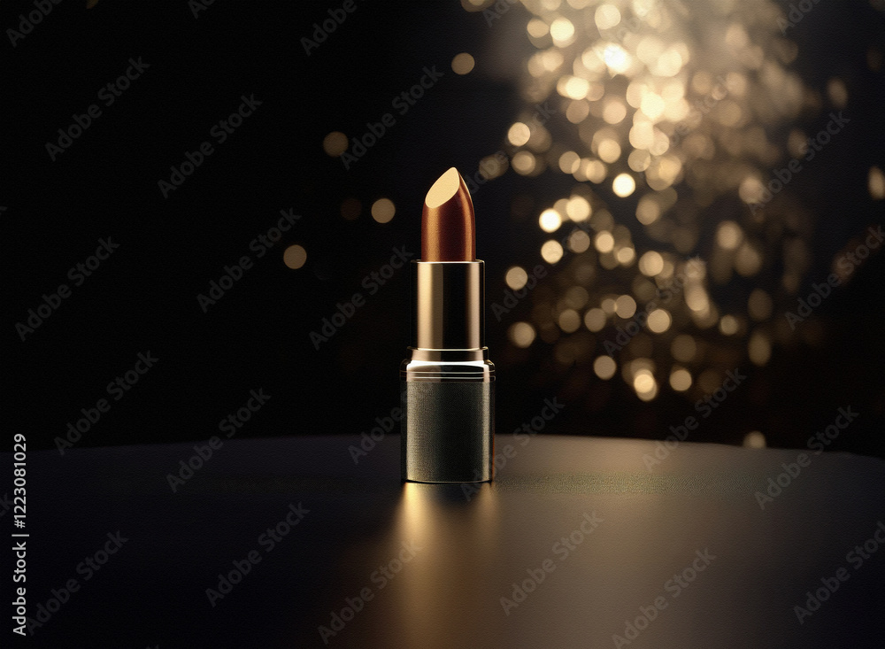 Poster a single tube of bronze lipstick sits on a dark reflective surface, illuminated by a shimmering, gol