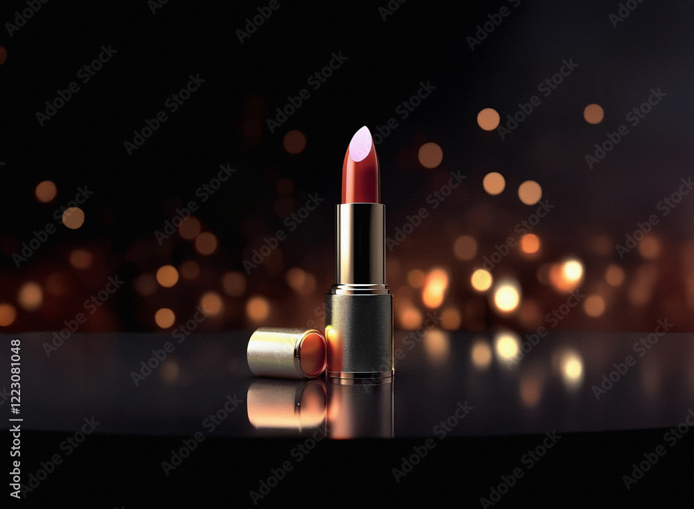 Poster a single tube of lipstick with a rich, dark red hue sits on a reflective surface against a bokeh bac