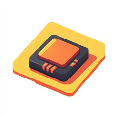 Illustration of a stylized computer chip with a bold orange and black design on a white background.