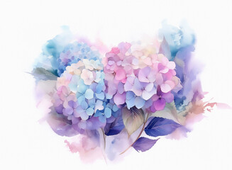 Fototapeta premium A watercolor painting of pastel hydrangeas. Soft blues, pinks, and purples blend in a dreamy floral arrangement. Delicate leaves and subtle watercolor washes complete the image.