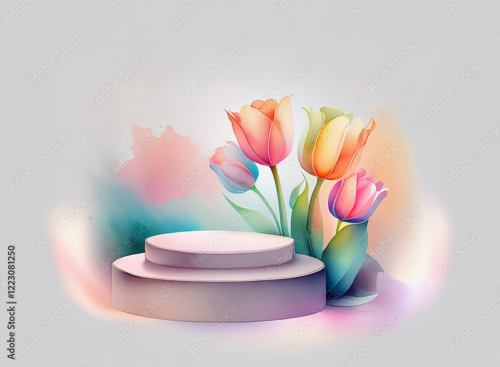 Poster pastel tulips and a two-tiered display stand against a soft, watercolor backdrop. ideal for product 