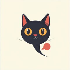 Adorable black cat cartoon with bright orange eyes and a speech bubble on a light background.