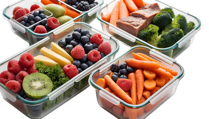 Glass food storage containers showcasing a colorful mix of fresh berries, carrots, fruits, vegetables, and meat, placed on a clean white surface.