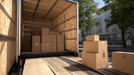 A delivery truck is parked on a city street, with cardboard boxes stacked neatly inside. Several boxes are placed on the ground, waiting to be moved to nearby buildings during the day
