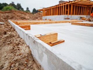 Close-up of a concrete construction foundation, showing wooden formwork amidst raw earth, symbolizing building progress.