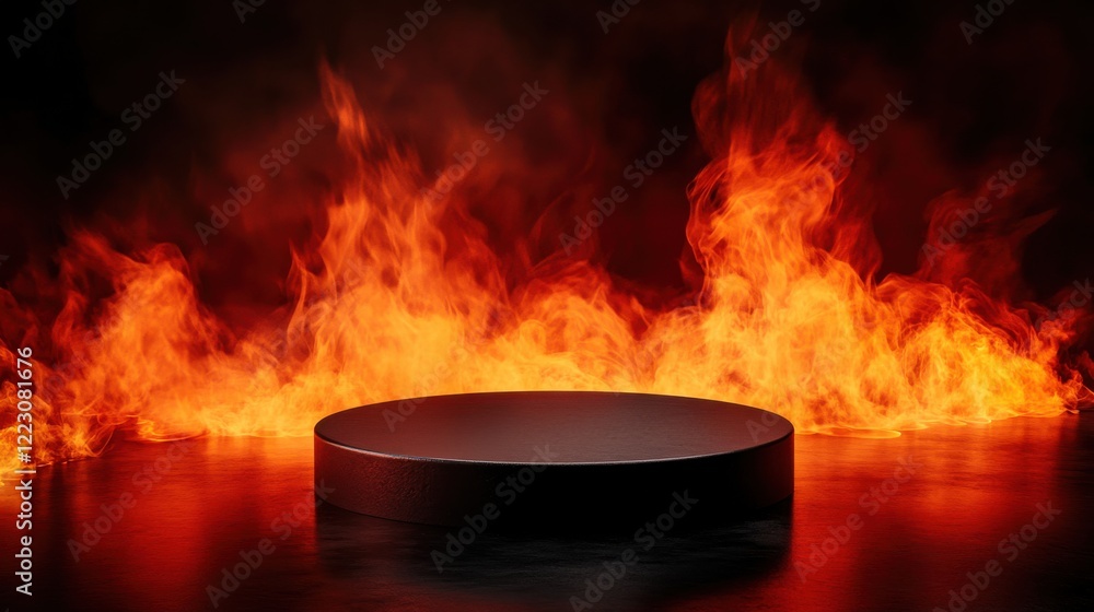 Poster dramatic scene with flaming background and round black platform display