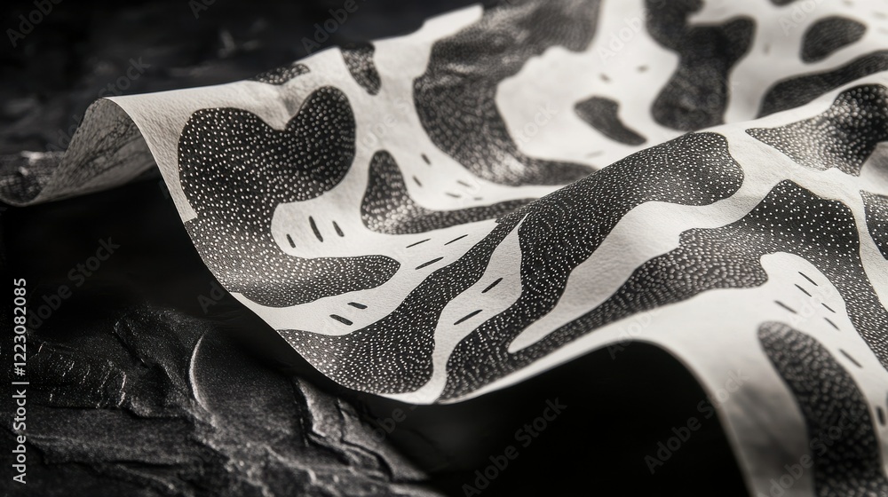 Poster monochrome abstract textile pattern with curved shapes and white dots