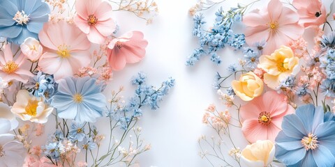 Pastel flower arrangement with blue, pink, and yellow blossoms on white background