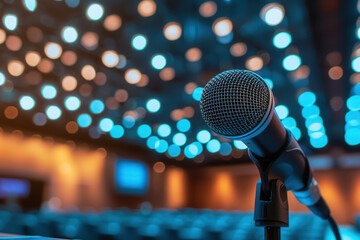 microphone in focus with blurred background of lights, creating vibrant atmosphere for events