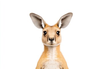 Close-up portrait of a kangaroo with a neutral expression against a plain background
