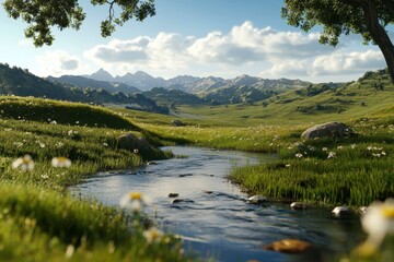 Obraz premium Tranquil River in Meadow, a peaceful scene of a winding river surrounded by lush greenery, evoking a sense of calm and serenity.