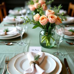 Fototapeta premium Easter table setting. Elegant Easter table setting with roses, Feliz Páscoa card, and pastel green tablecloth.