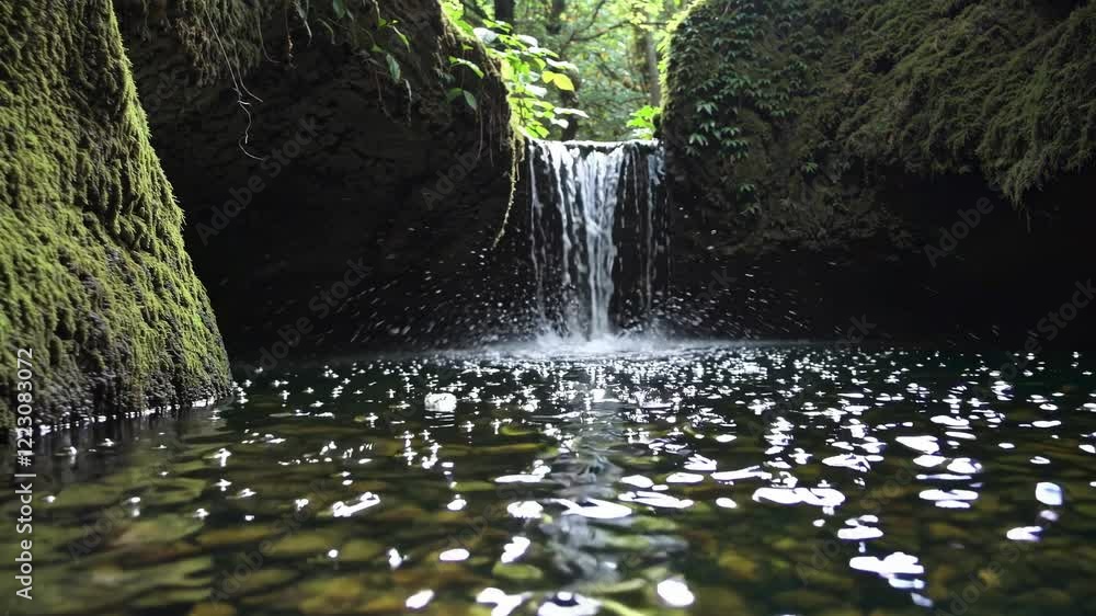 Poster discover tranquility at a hidden waterfall in a lush forest oasis filled with sparkling water and vi