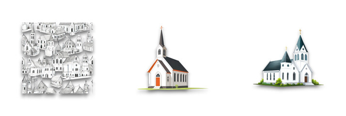 Isolated churches on a transparent background showcasing unique architectures