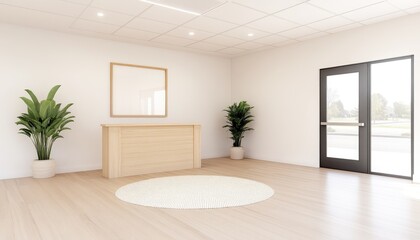 Modern reception area featuring a wooden desk, plants, and natural light in a minimalistic design