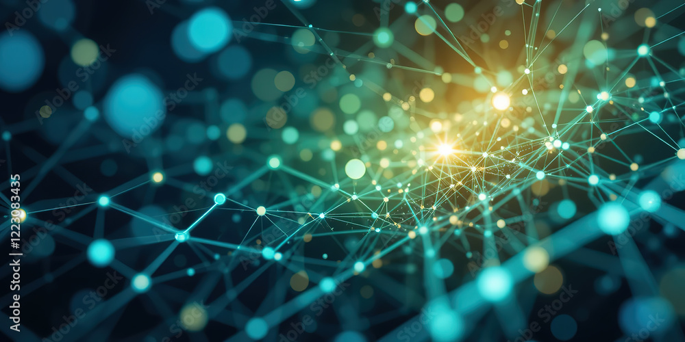 Poster abstract digital network background banner with glowing light and connecting data dots in blue and g