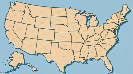 A large blank outline map of the United States with a prominent display of state borders and geographical features like mountains and rivers , USA map, American geography