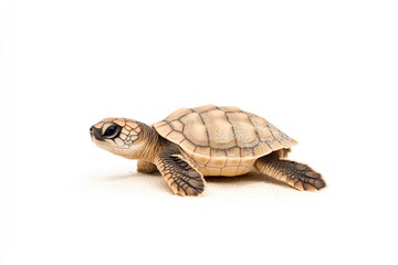 Fototapeta premium Newly hatched sea turtle crawling on sandy beach, with soft light illuminating its shell