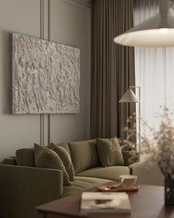 Close-up on elegant decorations on wooden dining table under kitchen view
