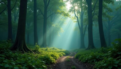 Obraz premium misty forest with towering trees and a winding path, pathway, serenity