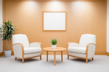 Cozy interior with two white armchairs and a small table, featuring a plant, in a warm, inviting space