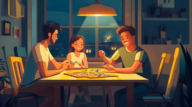 Family enjoying game night, casual setting with warm lighting, engaged parents and child sharing laughter and fun.