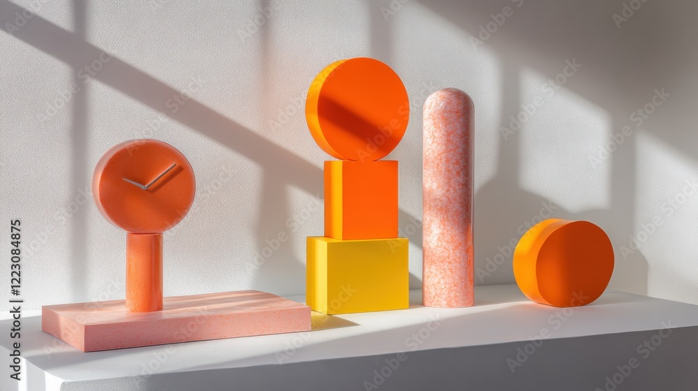 Poster colorful geometric shapes including a clock and various cylinders arranged on a shelf with shadows