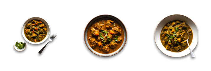 Isolated Indian curry dishes on transparent background, showcasing vibrant colors