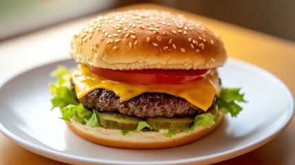 A classic beef burger with a juicy patty, melted cheddar cheese, lettuce