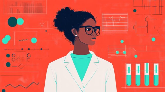 A scientist analyzing data through a systematic research methodology, with visible charts, graphs, and visual aids illustrating the research process