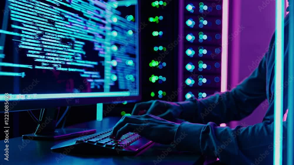 Poster computer hacker engaged in coding at night in a dimly lit room filled with servers