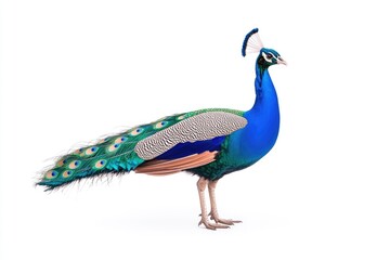 Fototapeta premium Vibrant peacock standing gracefully against a white background, showcasing its colorful plumage