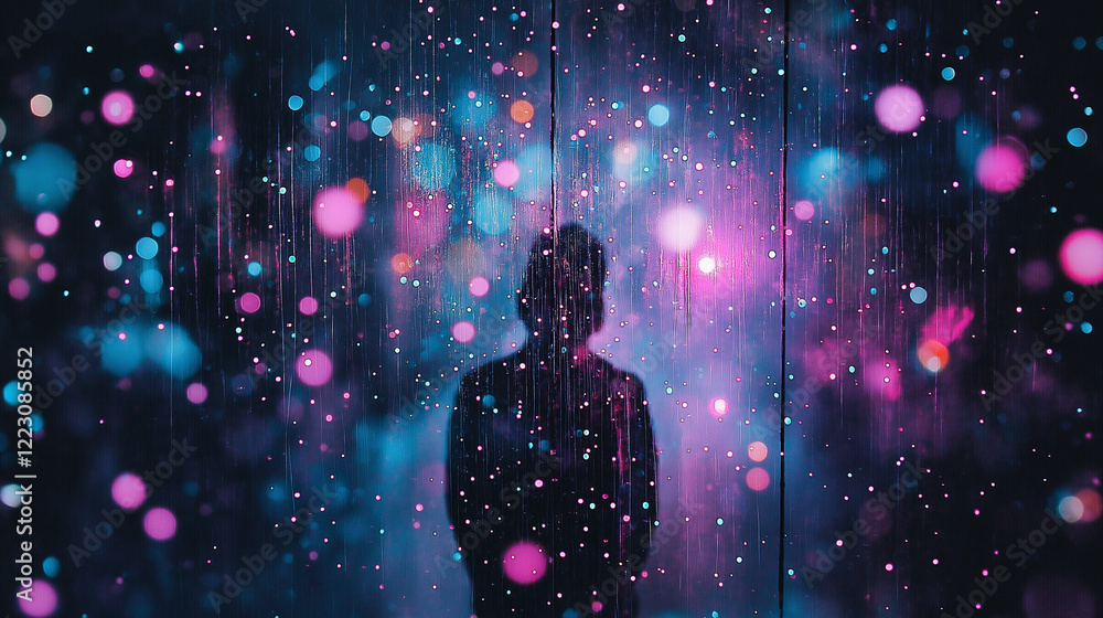 Poster a silhouette of wonder: a mysterious figure stands bathed in a mesmerizing symphony of colorful boke