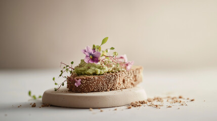 Macro photograph of a beautifully arranged avocado toast and with salmon and egg topped with a few tiny edible flowers