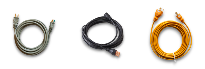 Isolated electric cables on a transparent background, showing various colors