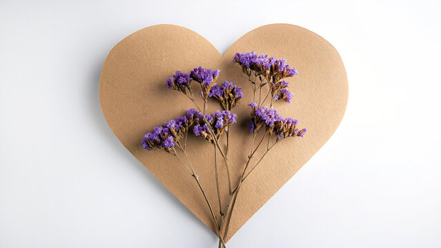 Coraz&oacute;n de cart&oacute;n con flores decorativas moradas en el centro, fondo blanco
