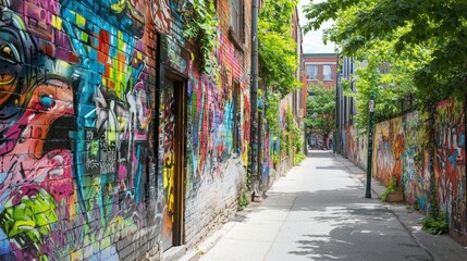 Fototapeta premium A vibrant graffiti wall featuring colorful street art and urban designs.