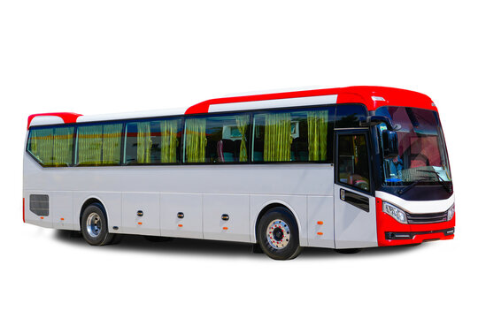 Comfortable tourist bus, international passenger transportation. White passenger bus side view, isolated on a white background